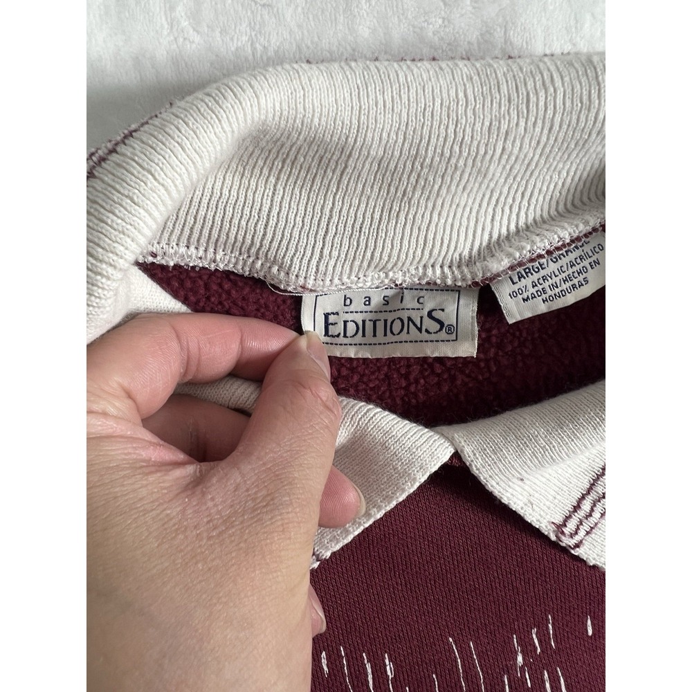 Basic Editions Burgundy Collared Pullover Sweatshirt Bear Graphic Women's L Fall - Picture 5 of 12
